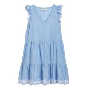 LOFT Embroidered Chambray Flutter Sleeve Dress - Size M